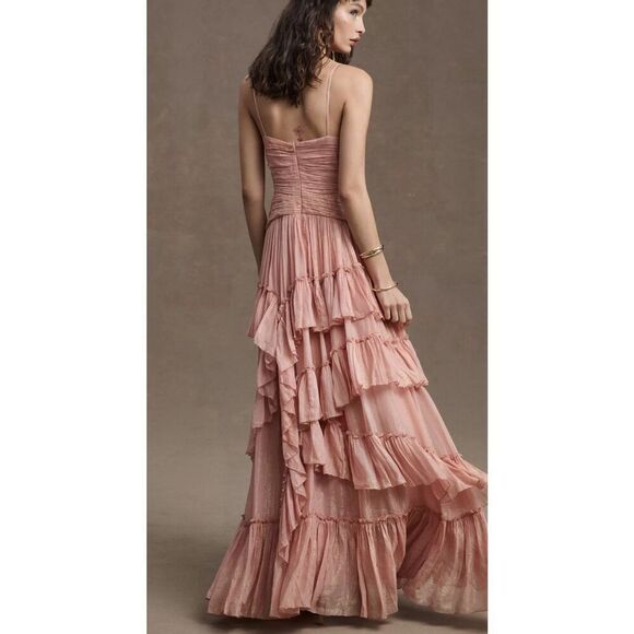 Anthropologie BHLDN Jessa Pink Metallic Asymmetrical Ruffled Drop-Waist Gown 8 - Picture 2 of 14